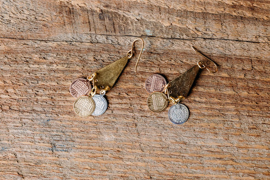 14K Gold Vermeil Hammered earrings with Copper, Gold and Sterling Vintage Coin pendants