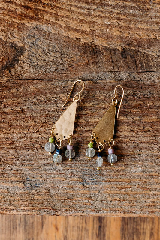 14K Gold Vermeil Hammered earrings with Labradorite and glass beading