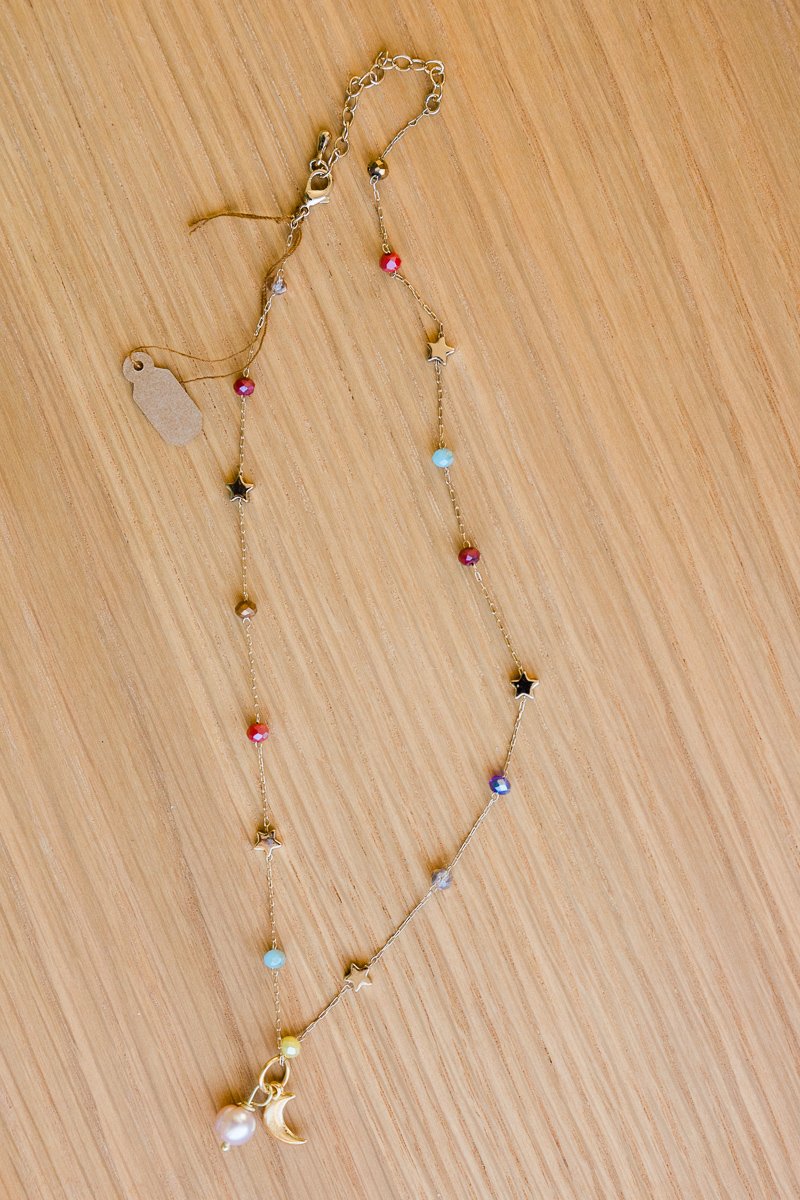 14K Gold Vermeil chain mixed with glass beading and a 14K gold stars and a raw pearl and moon pendant