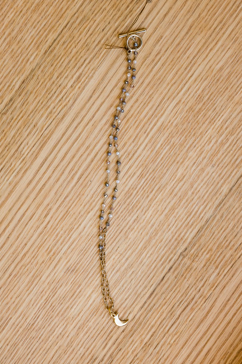 14K Gold Vermeil chain mixed with glass beading and a 14K gold moon pendant