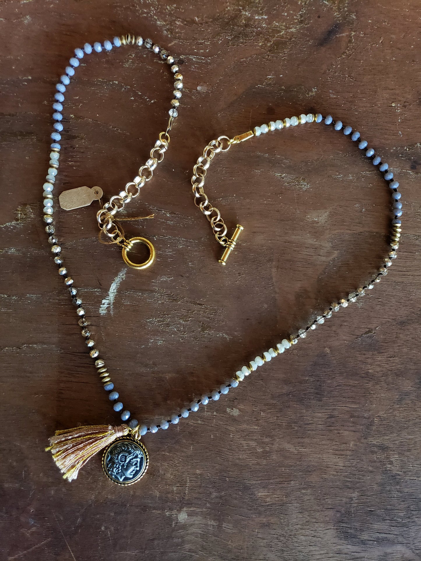 Glass Beaded Multi Stone Chain with Tassel and Victorian Coin