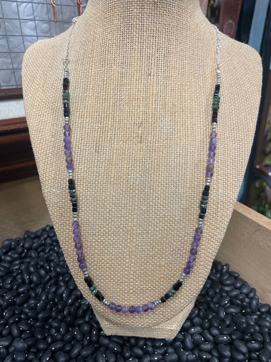 Sterling silver and raw stone necklace (amethyst, onyx, malachite, sterling beads