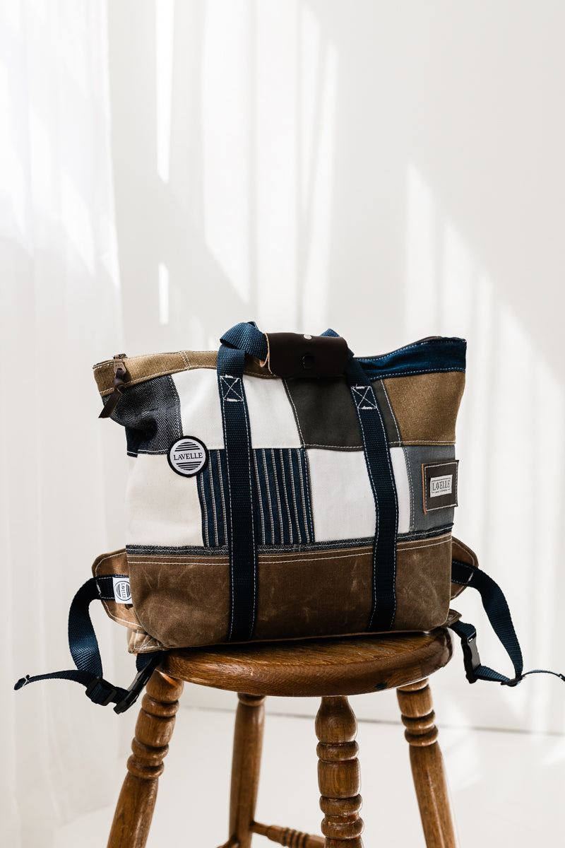 Patchwork Denim and waxed canvas backpack/carryall