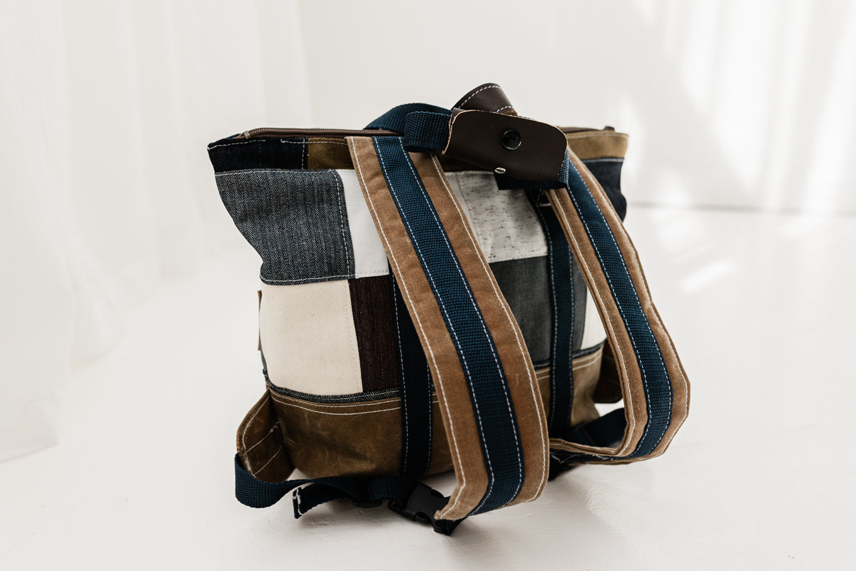 Patchwork Denim and waxed canvas backpack/carryall