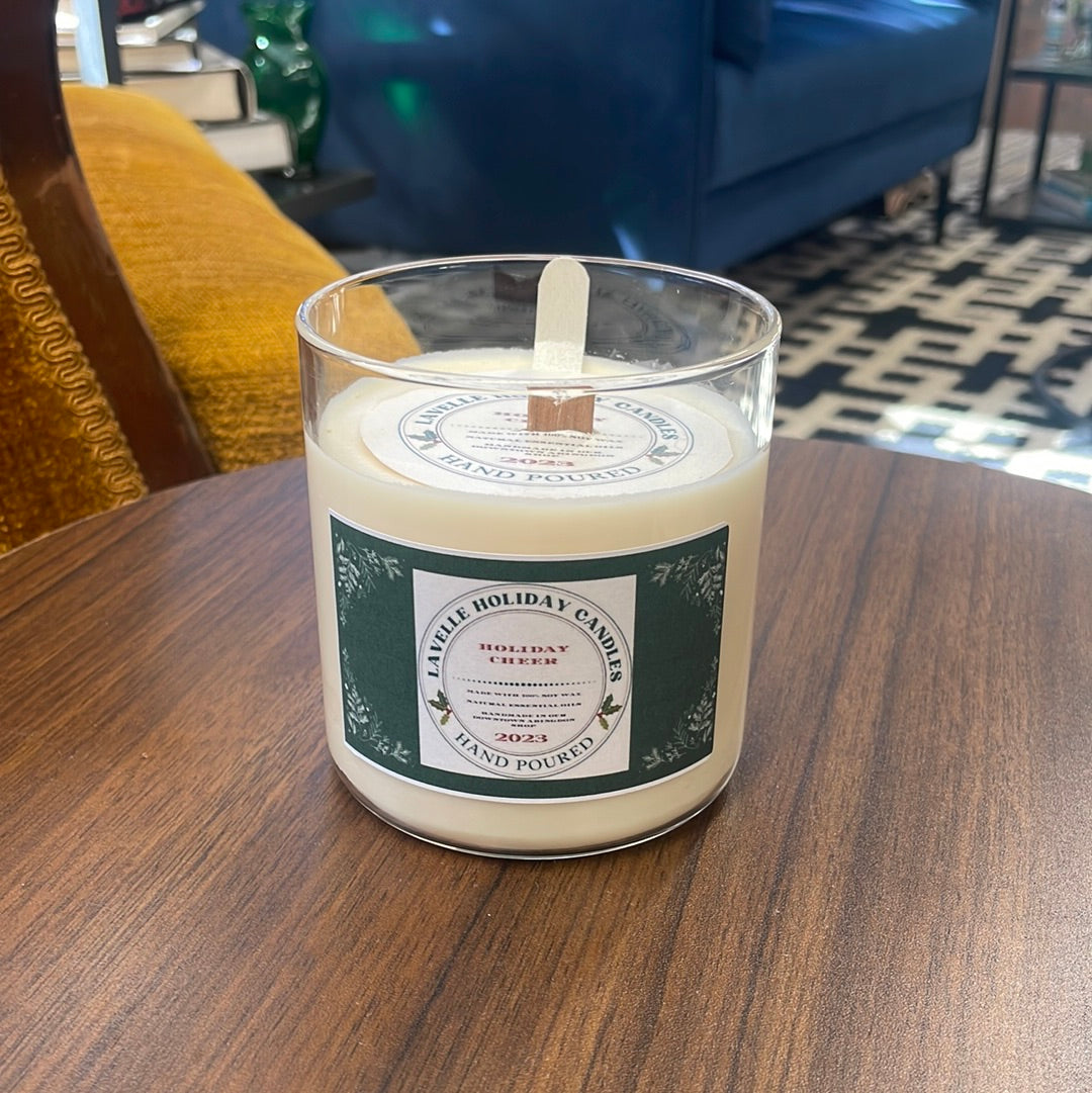 Lavelle Holiday Soy Candle- Holiday Cheer- smells like your hanging out in a Christmas tree, fresh snow on the ground and a warm hug