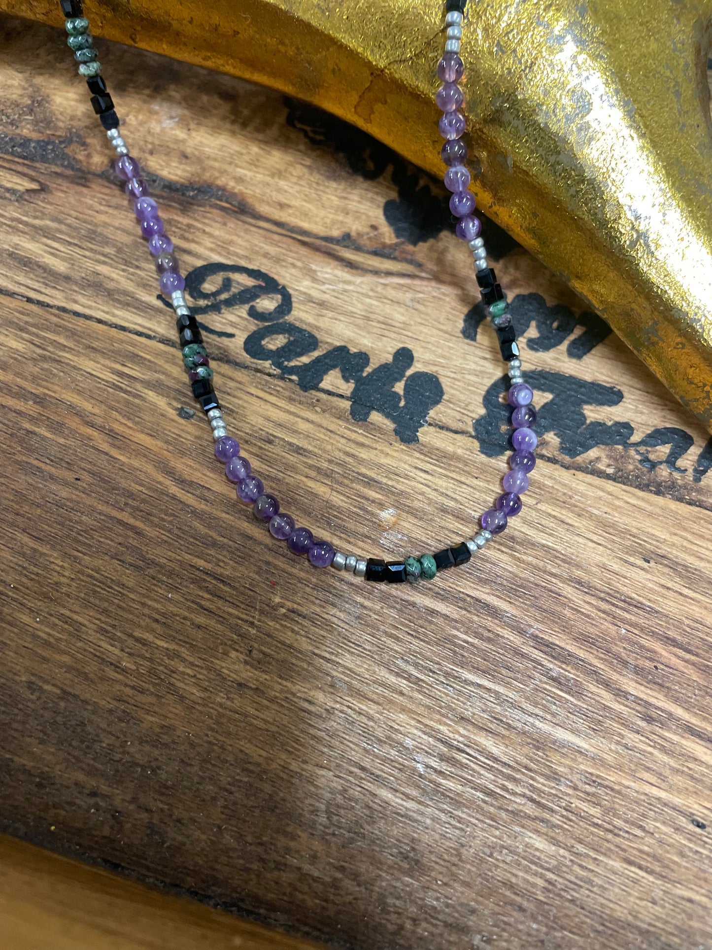 Sterling silver and raw stone necklace (amethyst, onyx, malachite, sterling beads
