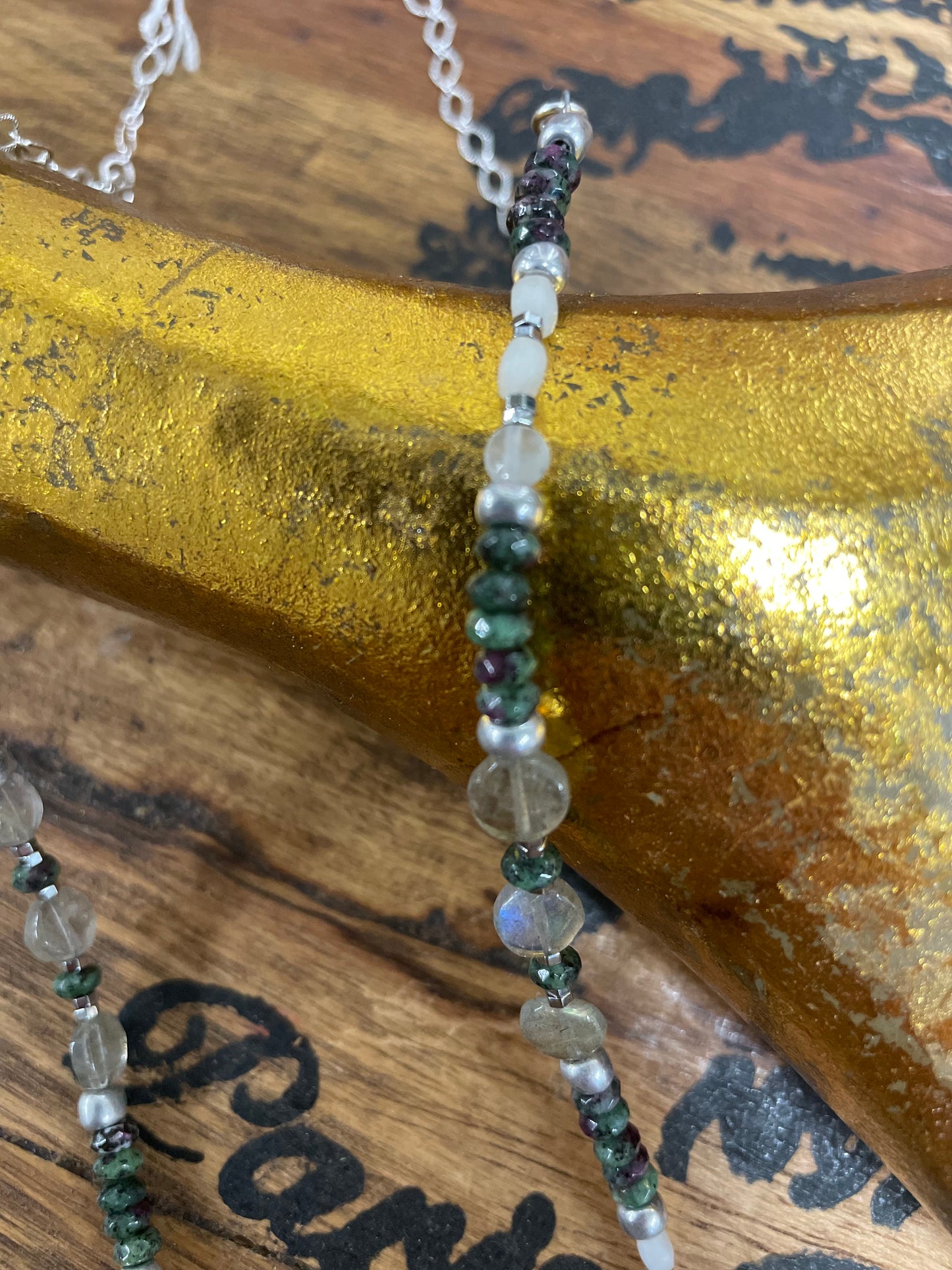 Sterling silver and raw stone beaded necklace (moonstone/malachite/labradorite/sterling silver)