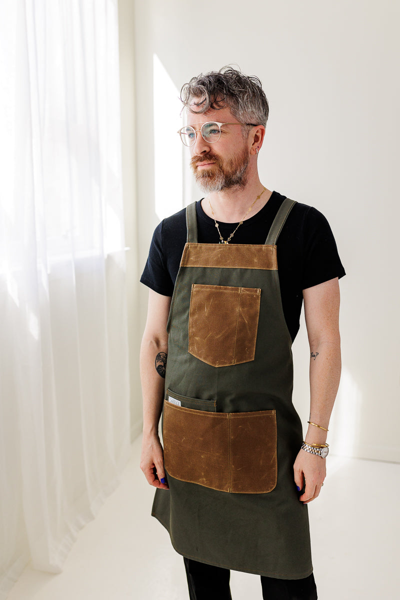 Olive green 12oz and brown Waxed Canvas all purpose Apron. One size