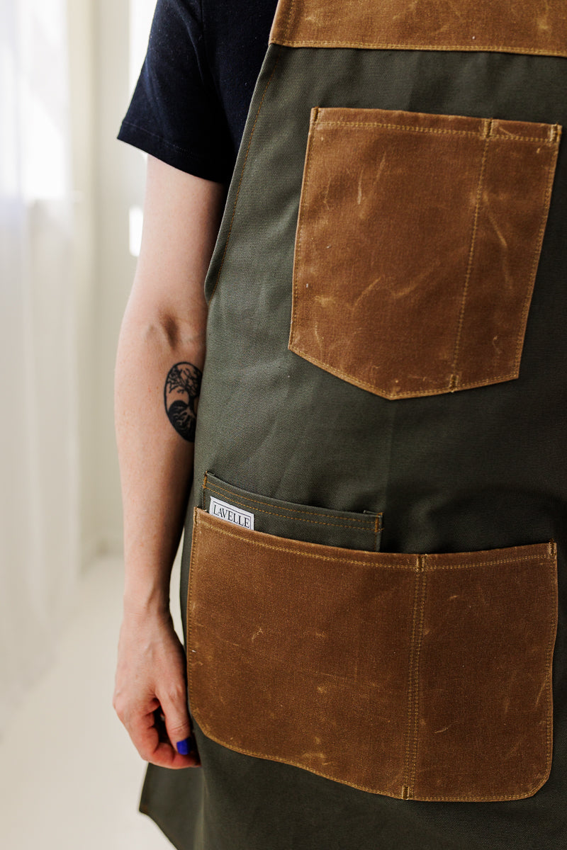 Olive green 12oz and brown Waxed Canvas all purpose Apron. One size