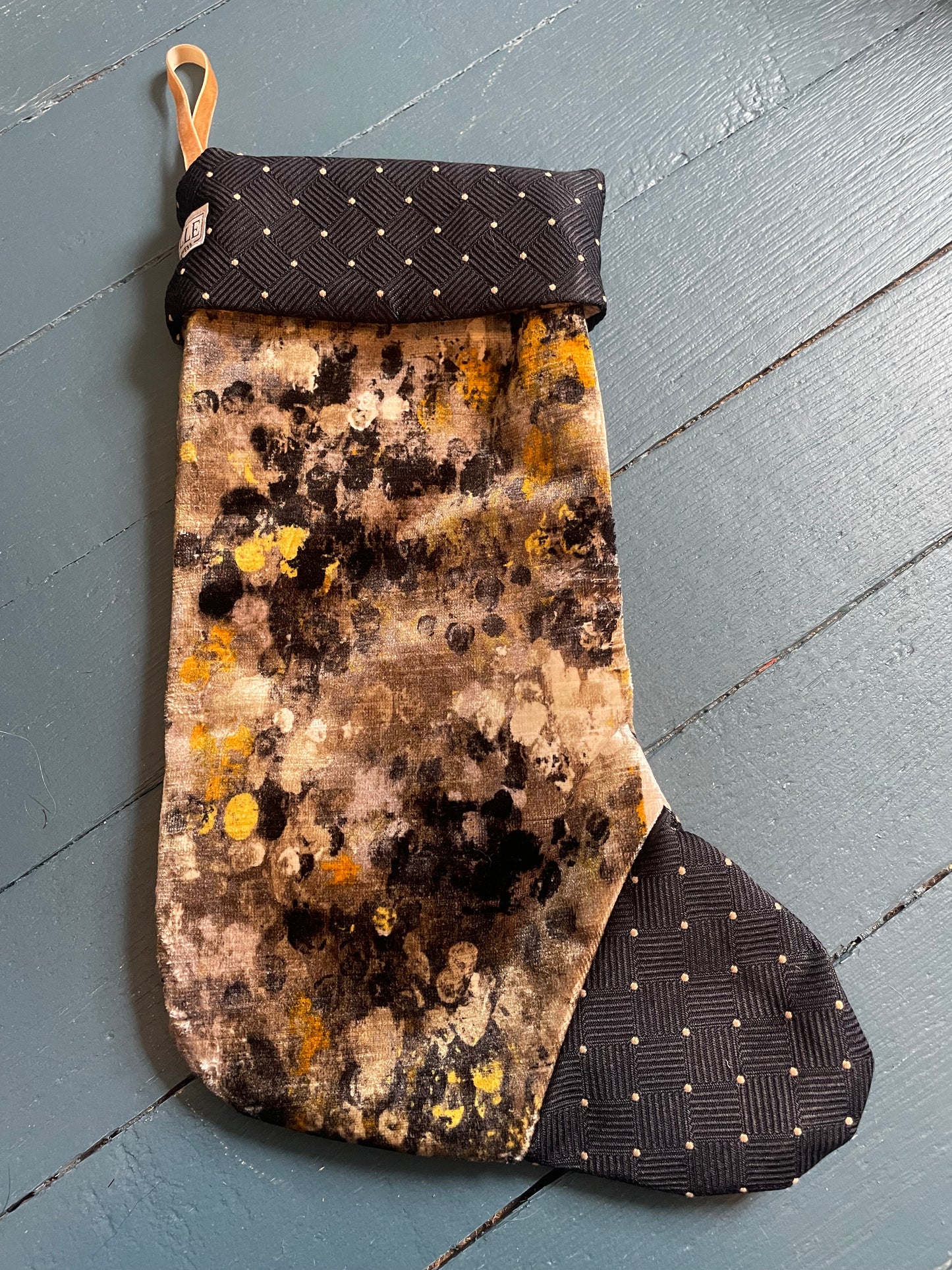 Silk navy blue polka dot and gold/black and cream velveteen stocking 2024