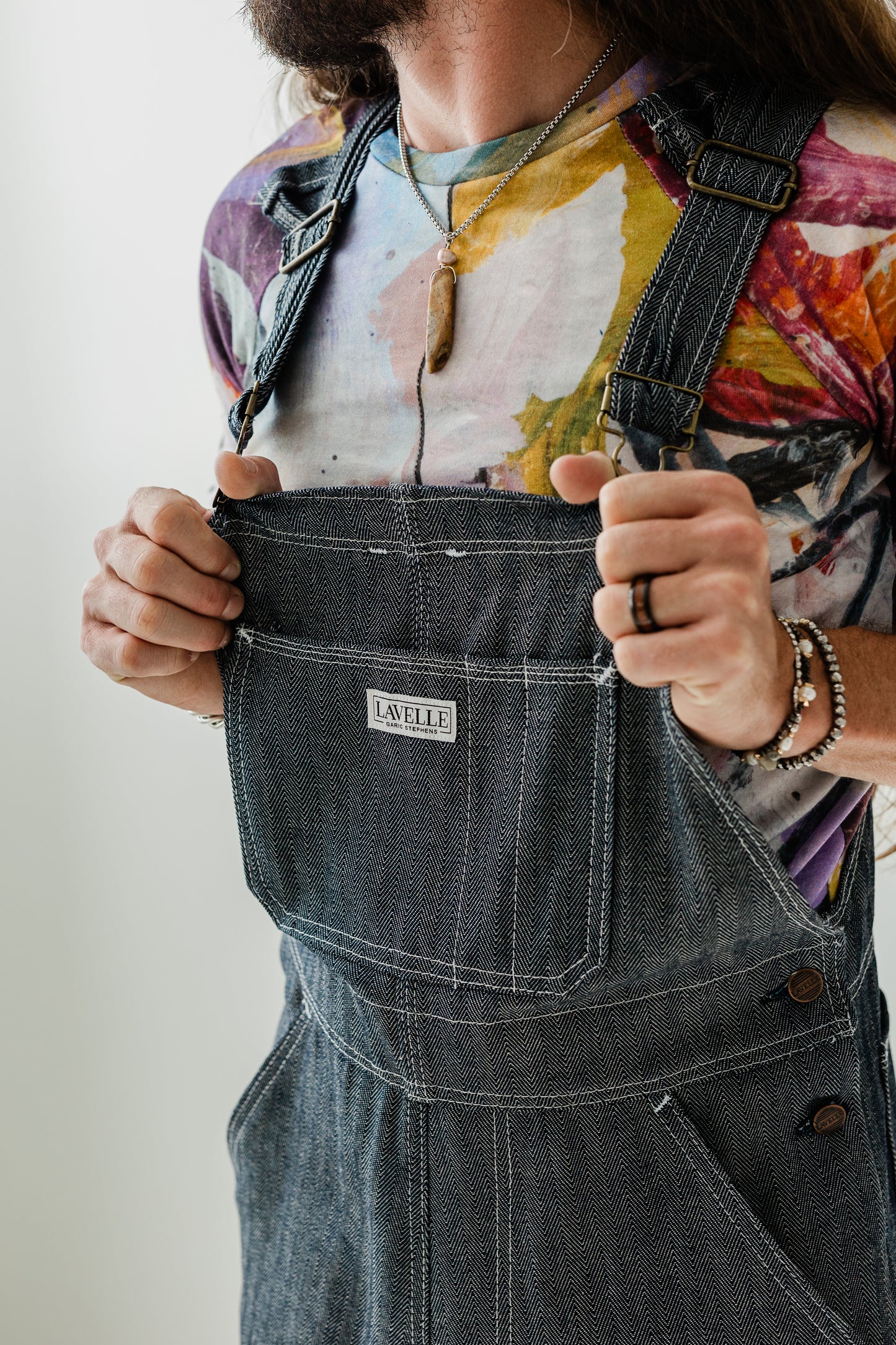 Japanese selvage Herringbone denim overalls (unisex) with white contrast stitching and lavelle buttons