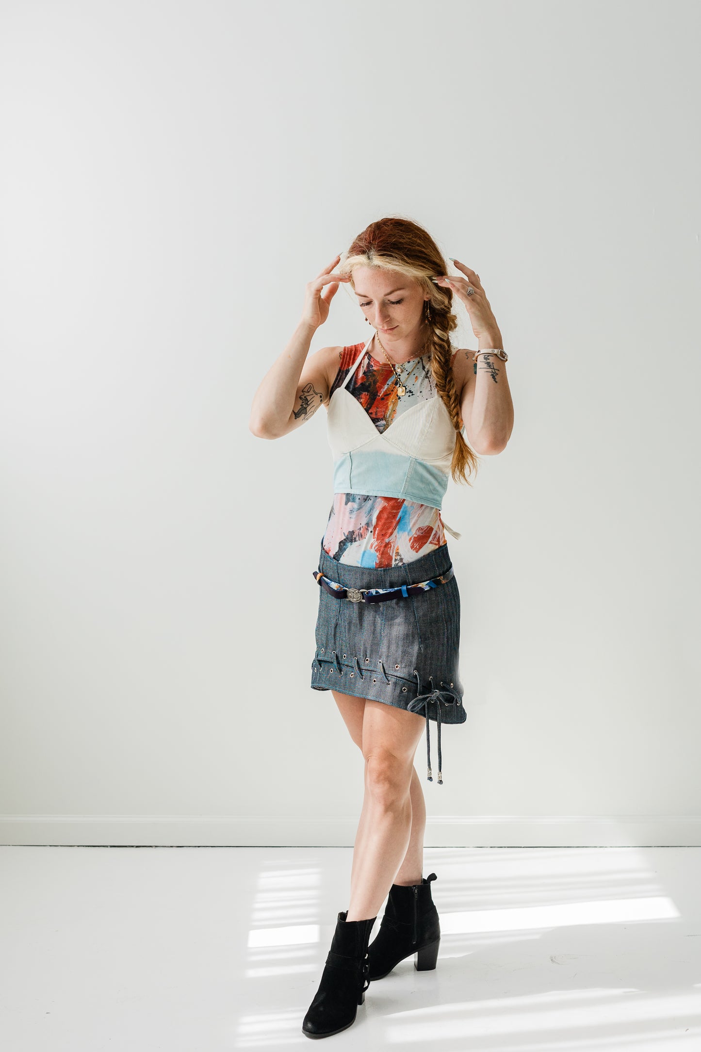 Japanese selvage denim floating mini skirt with contrast stitching