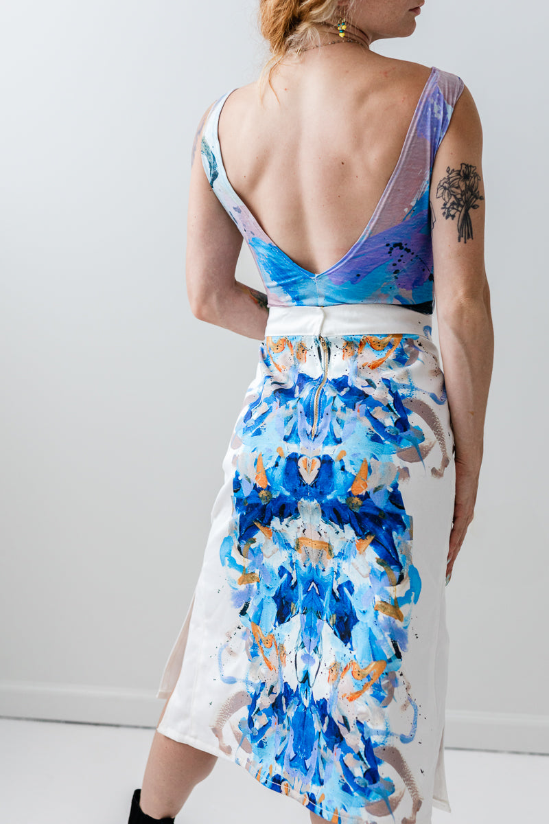 Vegetable dyed denim mirrored print denim A-line skirt