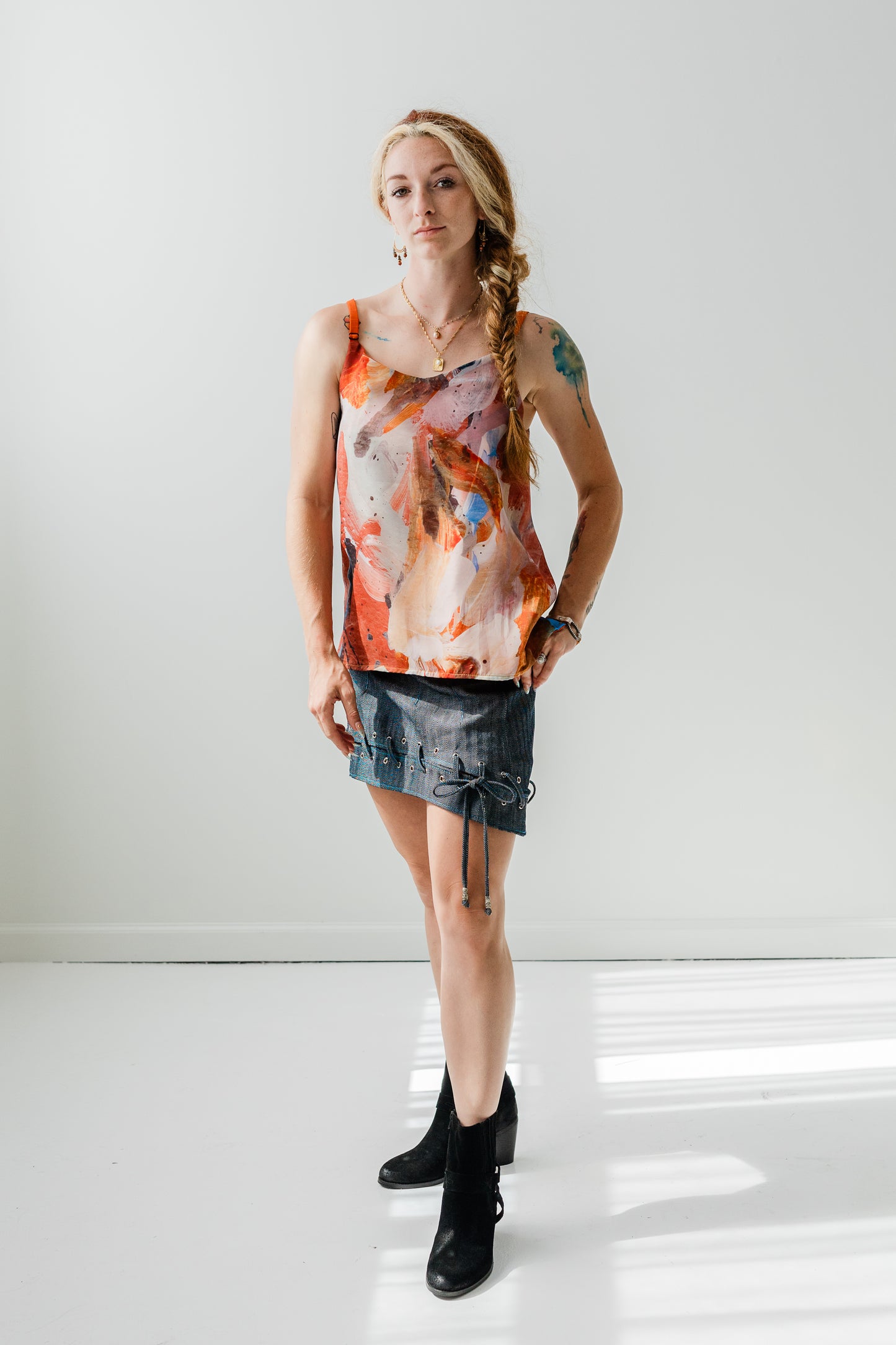 Silk chiffon and raw silk cami with Marcy Parks vegetable dyed orange print