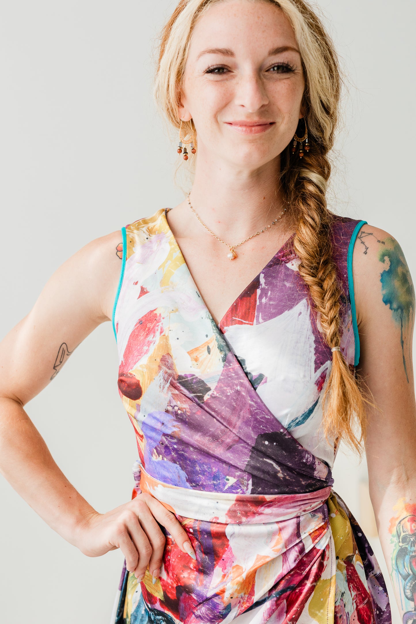 Recycled stretch lycra wrap dress in the Purple Marcy Parks print.