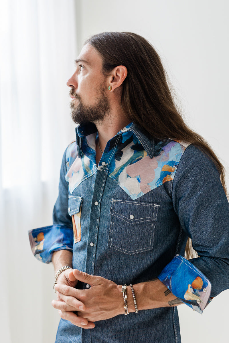 Japanese selvage denim mixed with Marcy Parks vegetable dyed Blue print western shirt