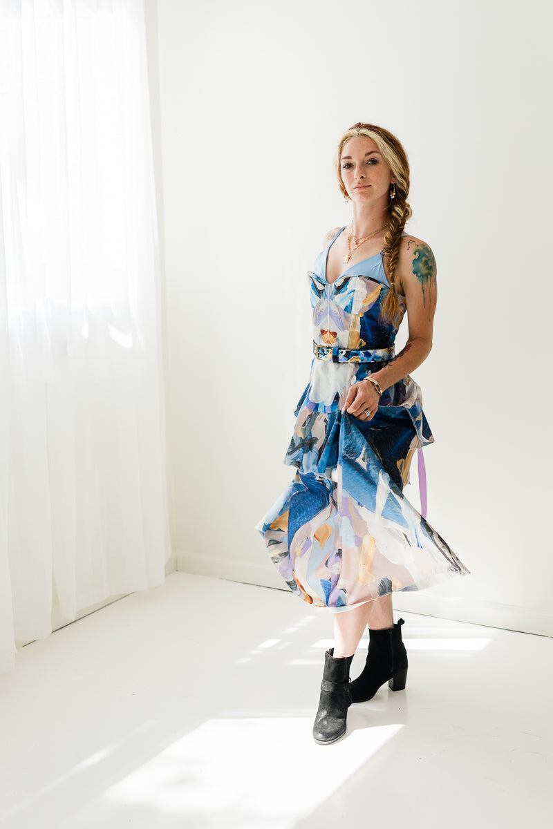 Painted Silk and Denim Corset gown with vegetable dyed silk and denim print by Marcy Parks
