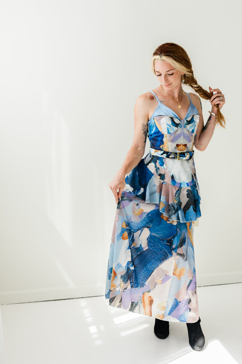 Painted Silk and Denim Corset gown with vegetable dyed silk and denim print by Marcy Parks