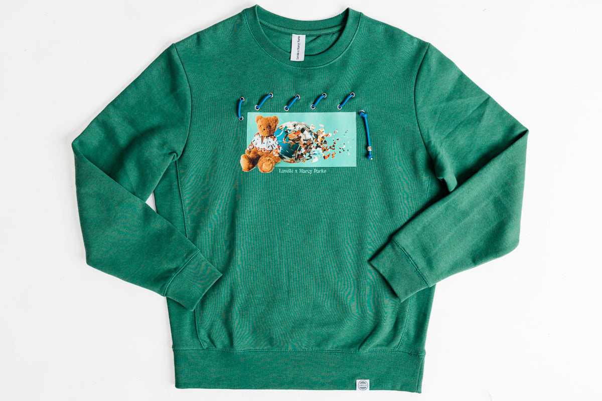 Lavelle x Marcy Parks Organic/Recycled Woven Sweatshirt With Teddy Lavelle Print and Rip Cord woven detail. (Baylor Green)