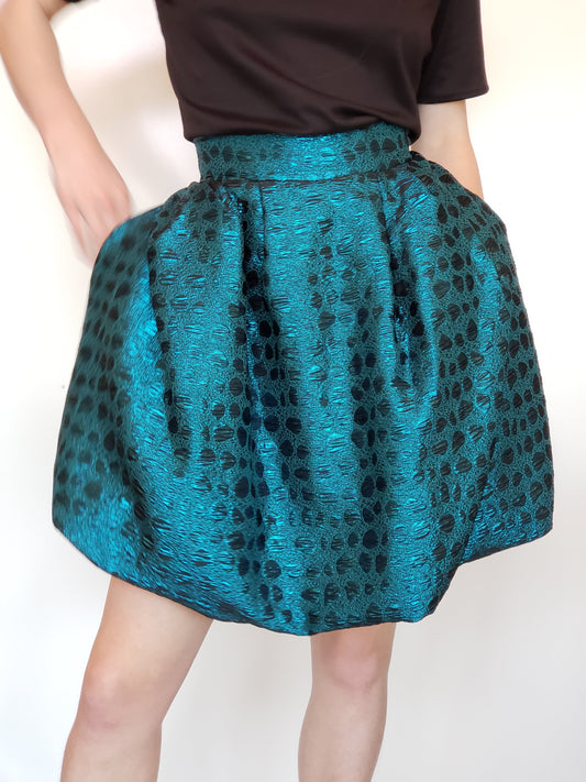 Turquoise Blue Brocade Bubble Skirt with Pockets