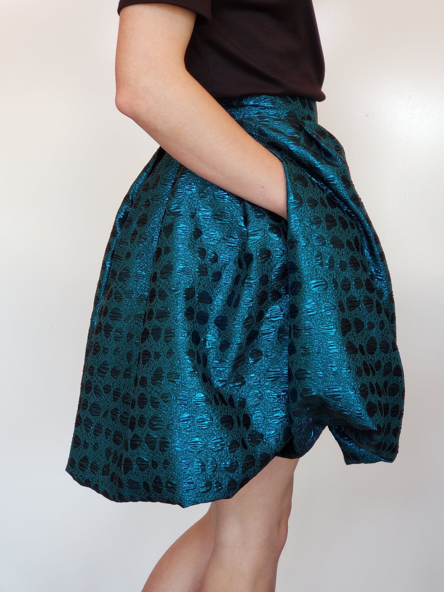 Turquoise Blue Brocade Bubble Skirt with Pockets