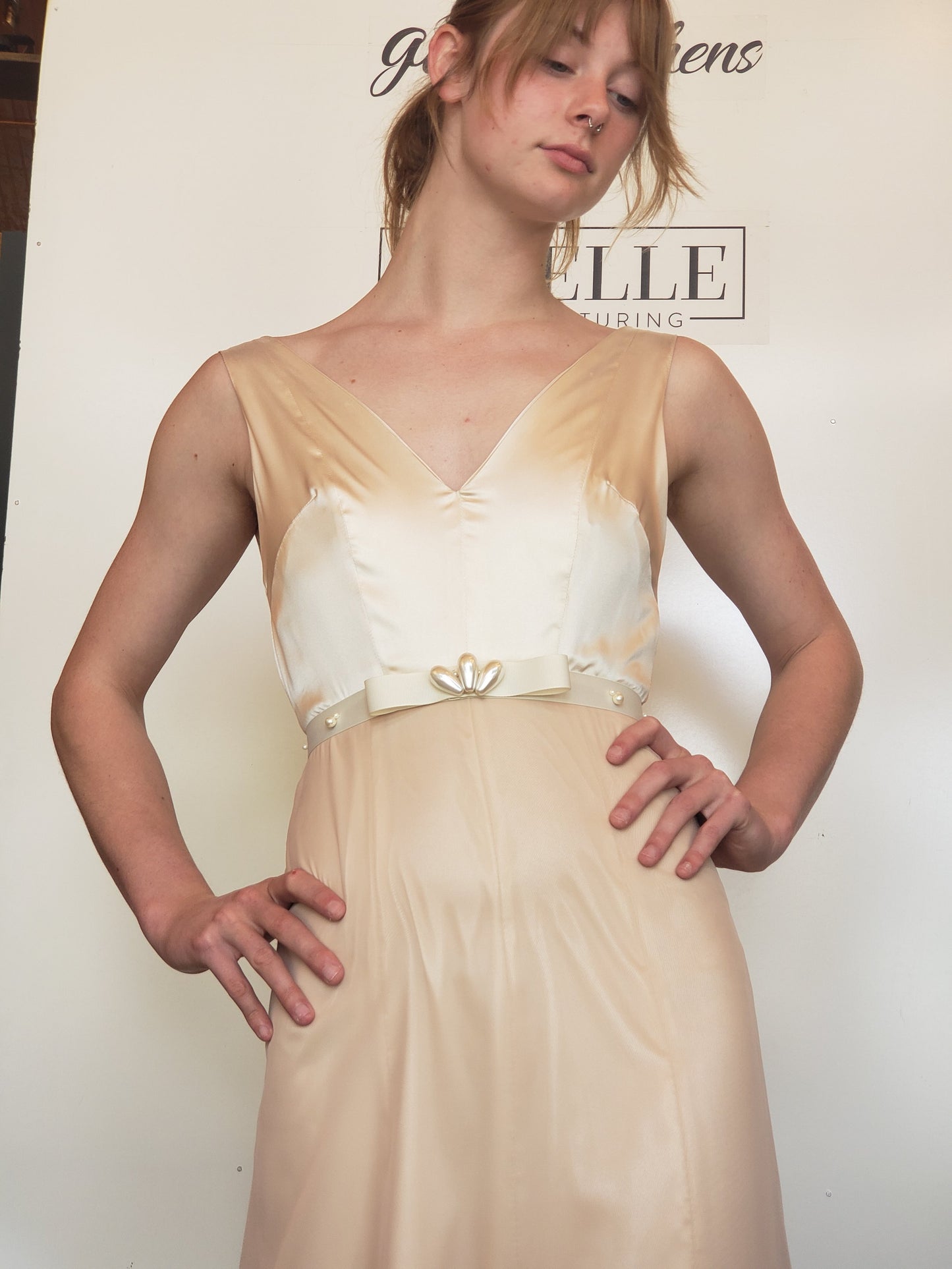 Champagne-Silk and Silk-Chiffon Wedding Gown with Pearl Beading