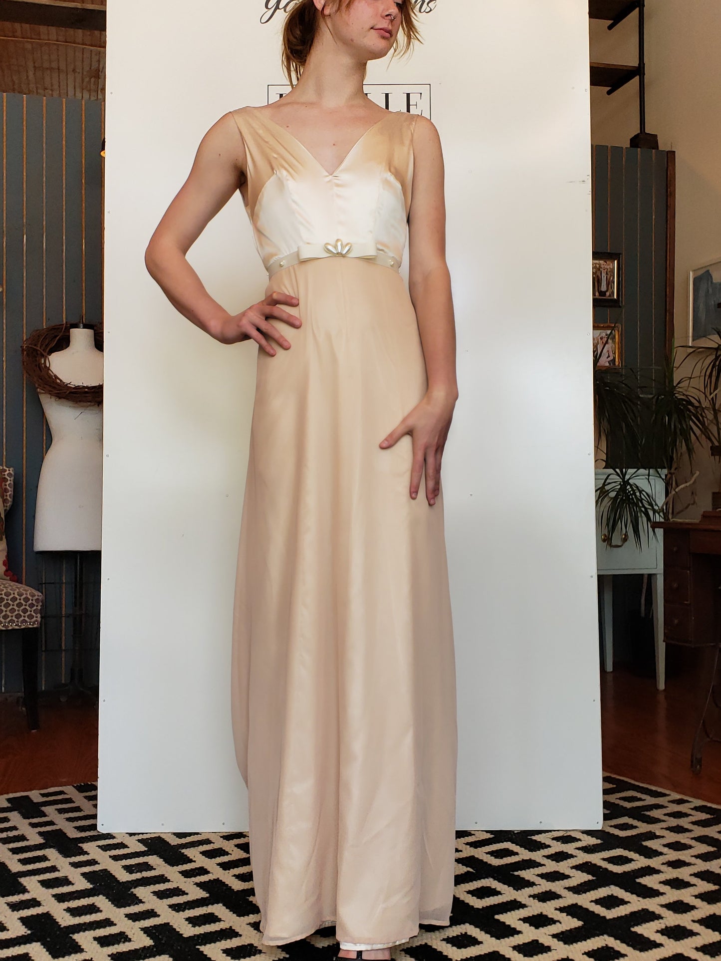 Champagne-Silk and Silk-Chiffon Wedding Gown with Pearl Beading
