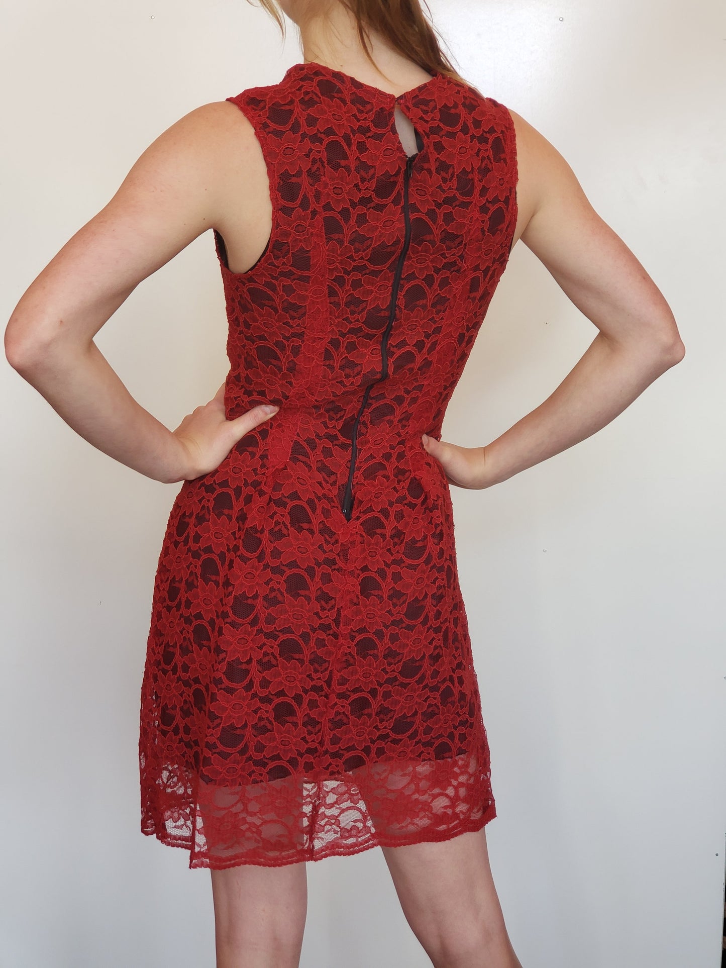 Red Lace Sleeveless Dress with Black Stretch Silk Lining