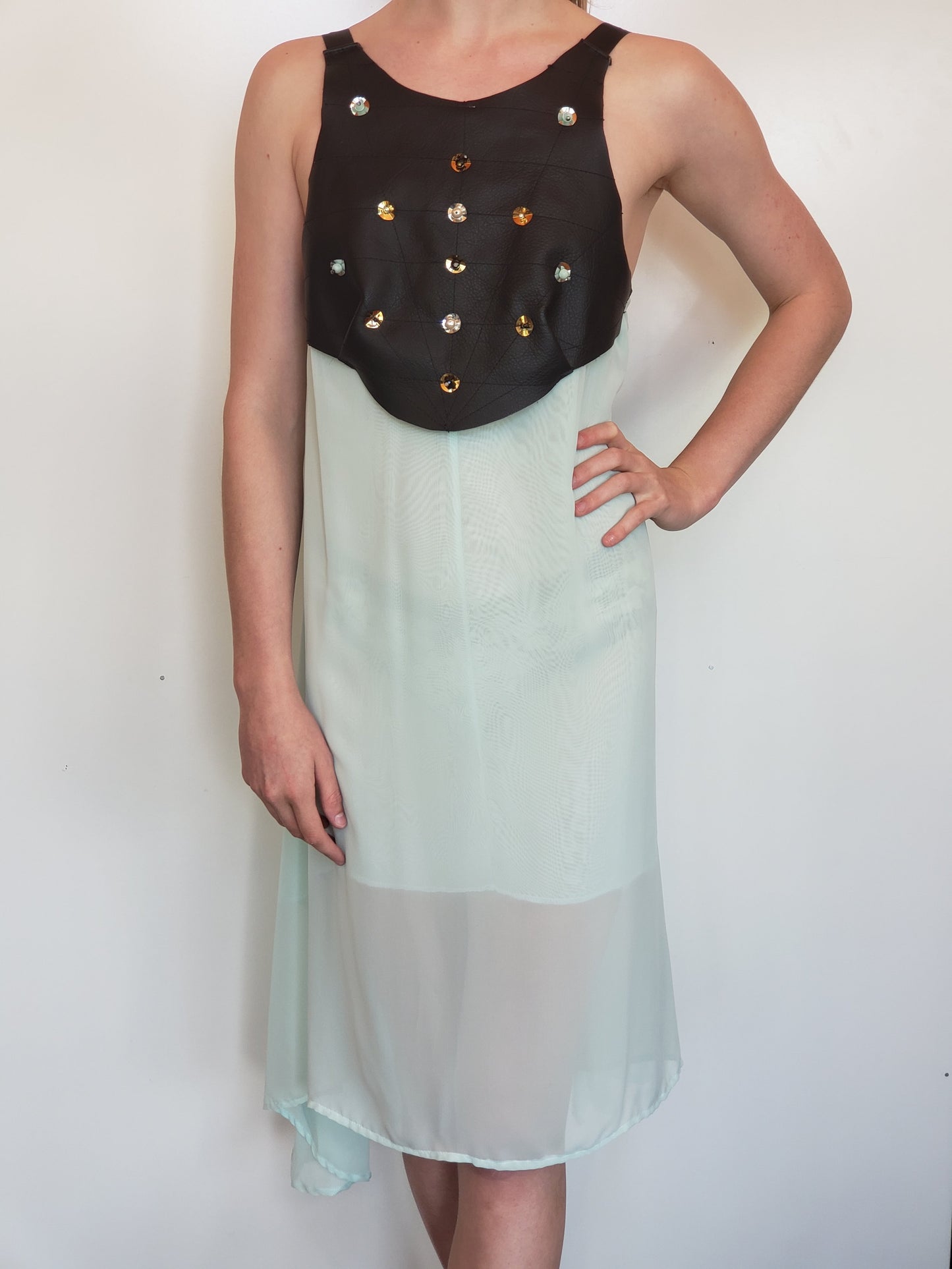 Mint Green and Leather Bodice Shift Dress with Beading Detail
