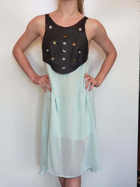 Mint Green and Leather Bodice Shift Dress with Beading Detail