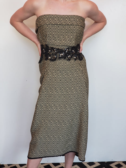 Woven Silk and Wool Strapless Gown with Lace Waist Belt