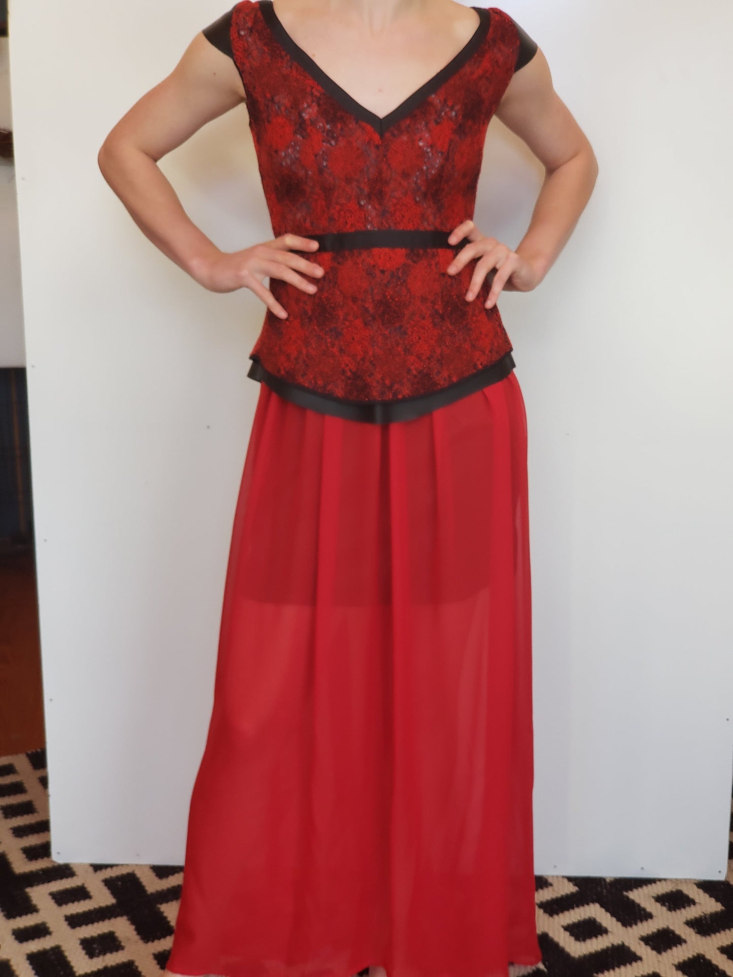 Silk Red Knit Woven and Chiffon Gown with Leather and Knit Woven Belt/Peplum