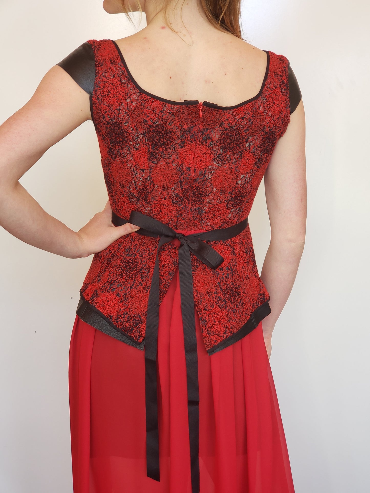 Silk Red Knit Woven and Chiffon Gown with Leather and Knit Woven Belt/Peplum