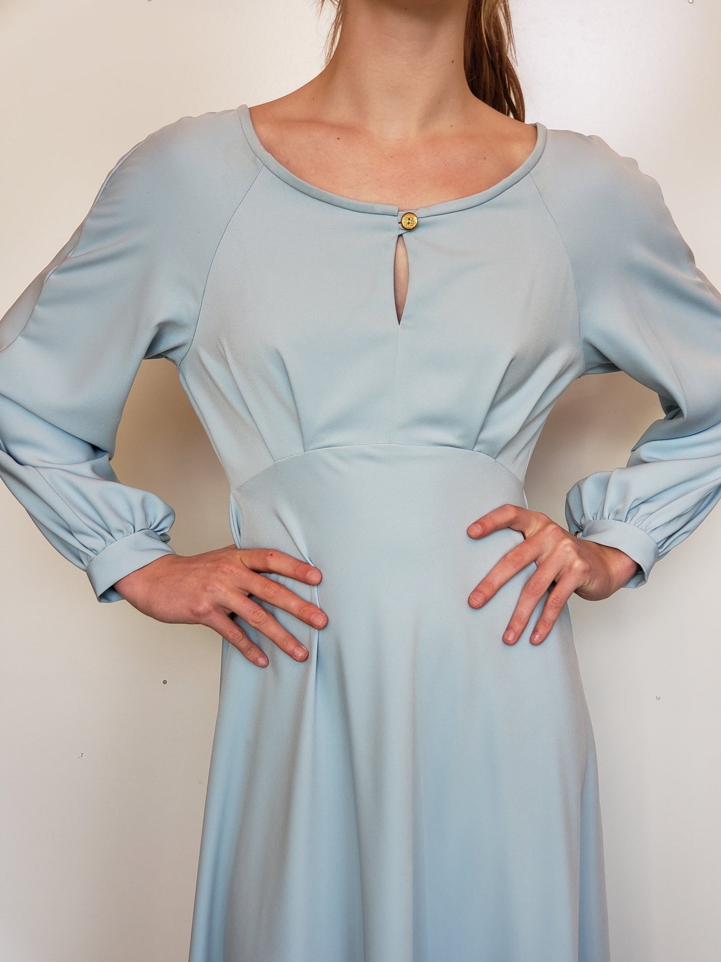 Sky-Blue Silk Crepe Vintage-Inspired Dress with Back Wrap Closure