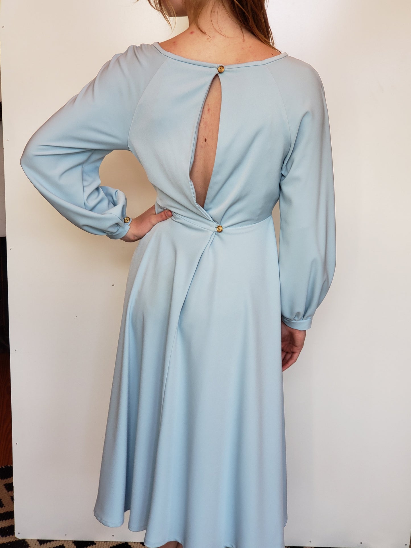 Sky-Blue Silk Crepe Vintage-Inspired Dress with Back Wrap Closure