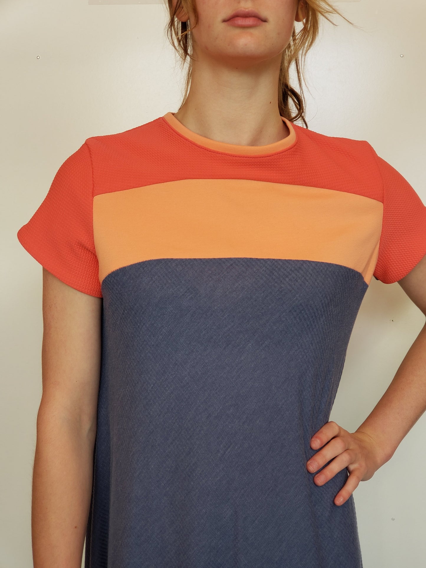 Cobalt, Coral, and Peach, Ponte and Knit T-Shirt Dress