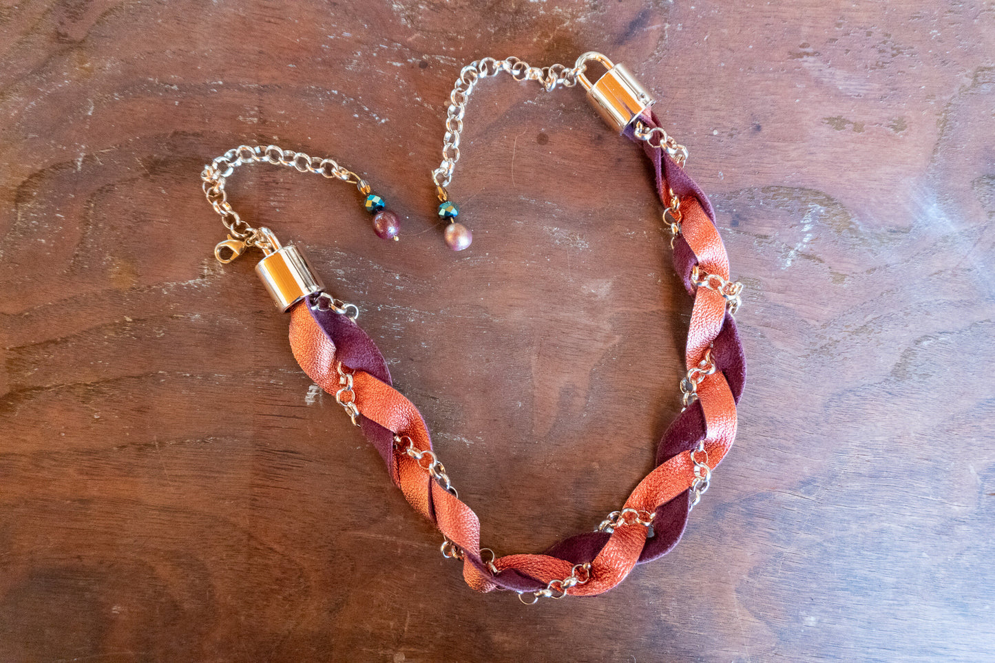 Leather and Chain Braided Choker, Orange and Purple