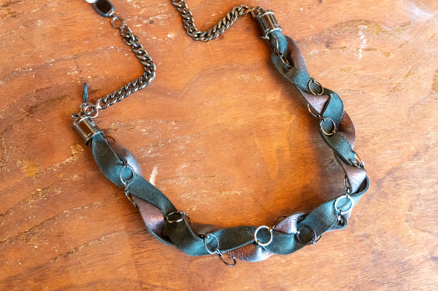 Leather & Chain Braided Choker, Black and Silver
