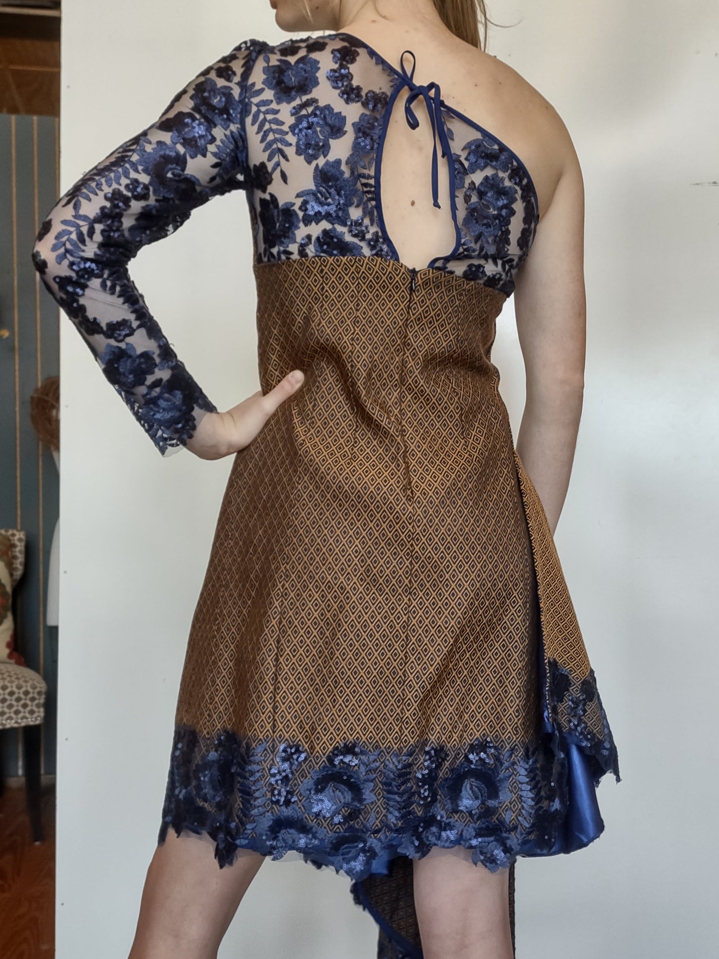 Rust and Cobalt Lace Draped Cocktail Gown