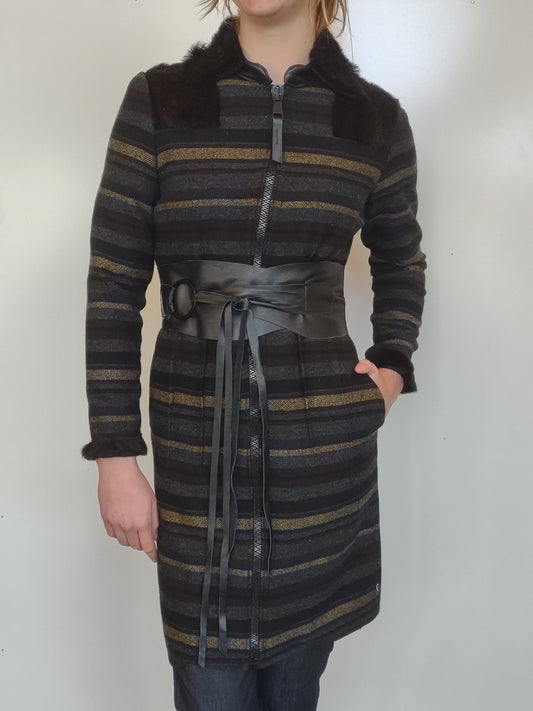 Charcoal, Black, Green, and Mustard Striped Wool Car Coat with Leather Belt
