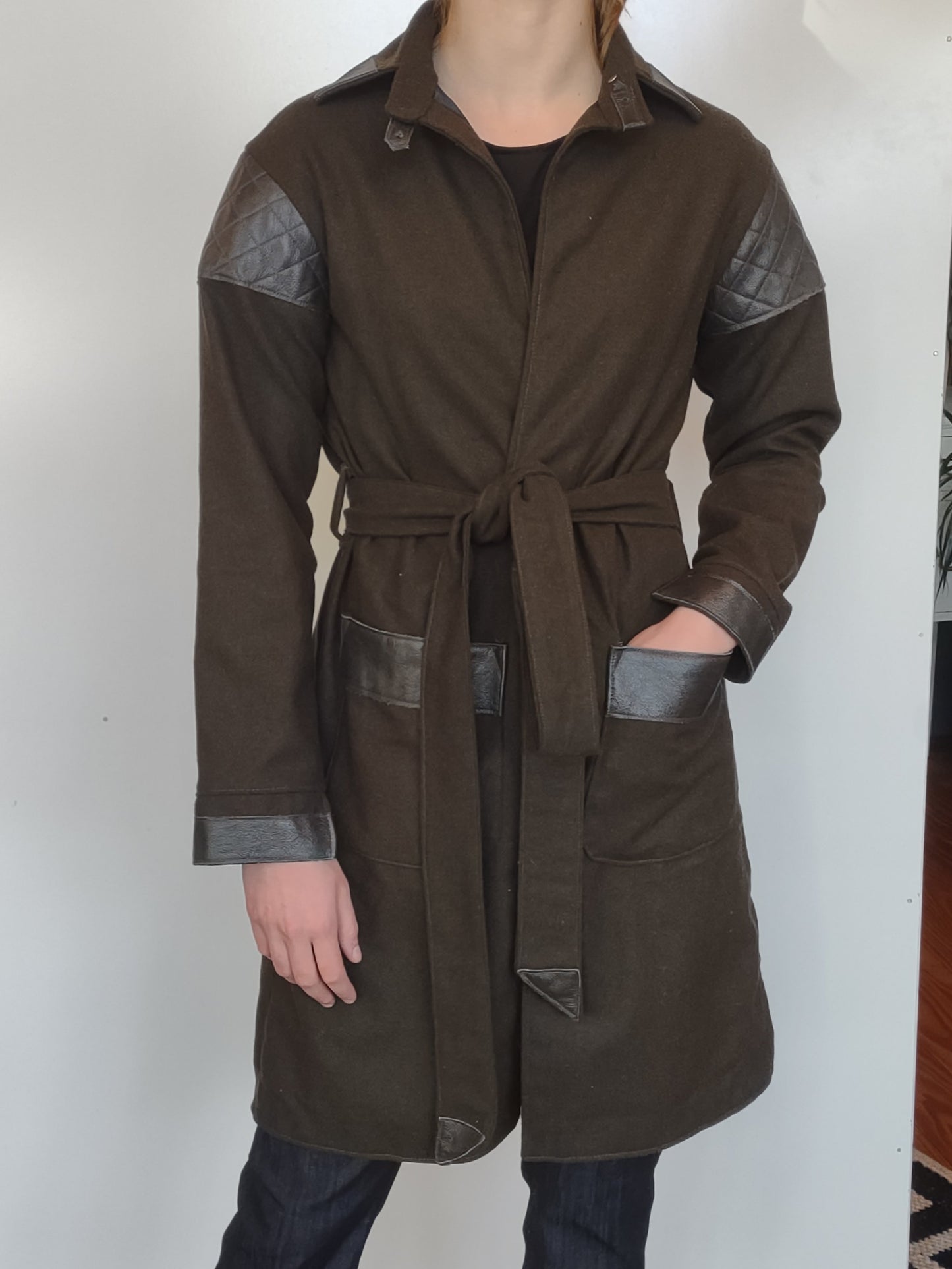 Dark Olive Deadstock Wool Car Coat with Leather Attachments and Belt