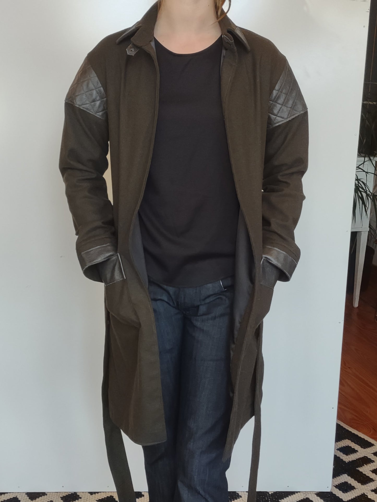 Dark Olive Deadstock Wool Car Coat with Leather Attachments and Belt