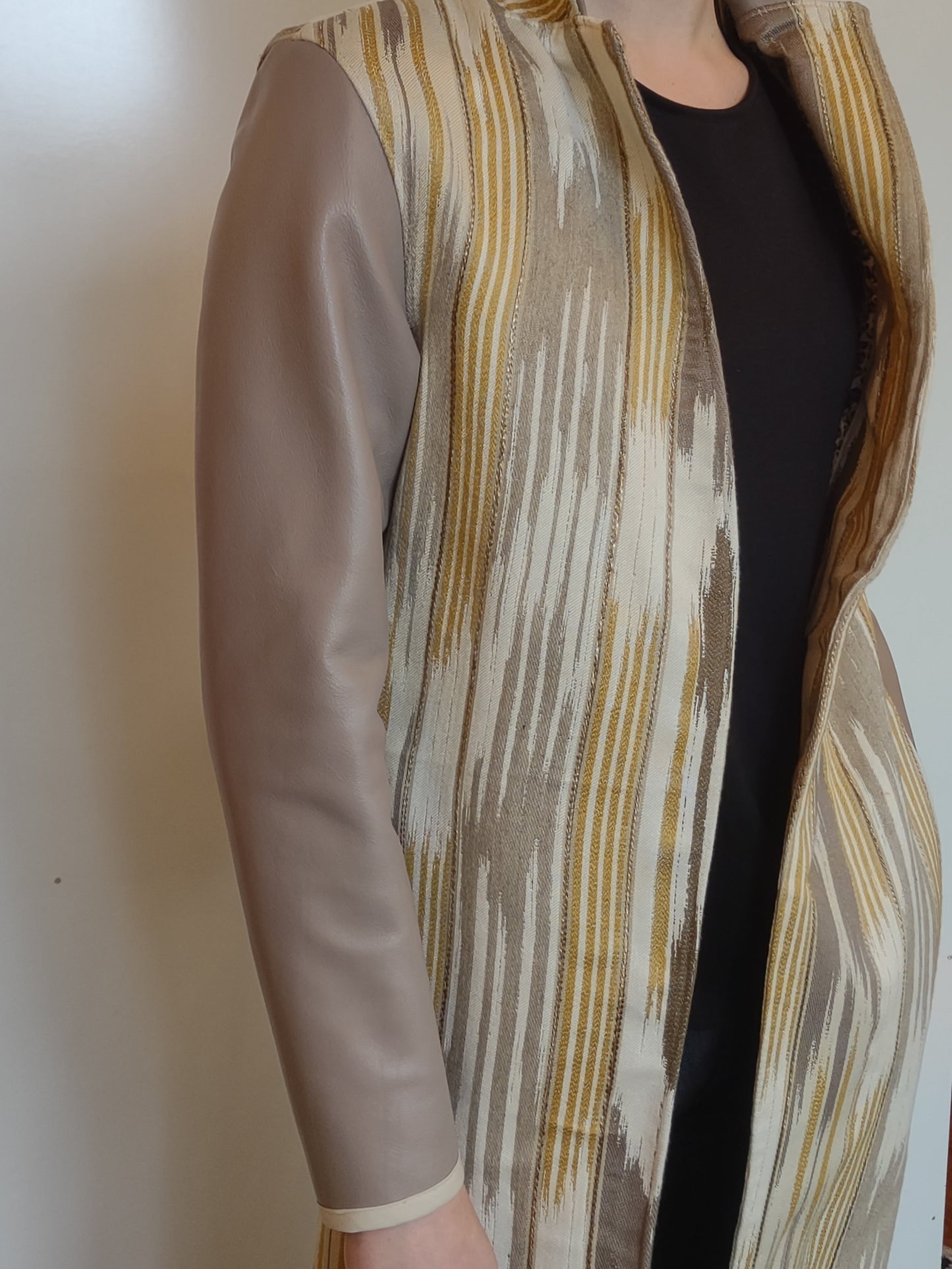 Yellow, Tan, and Cream Woven Textile Car Coat with Leather Embellishment