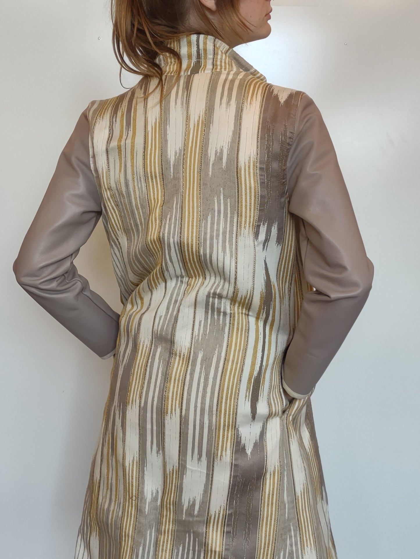 Yellow, Tan, and Cream Woven Textile Car Coat with Leather Embellishment