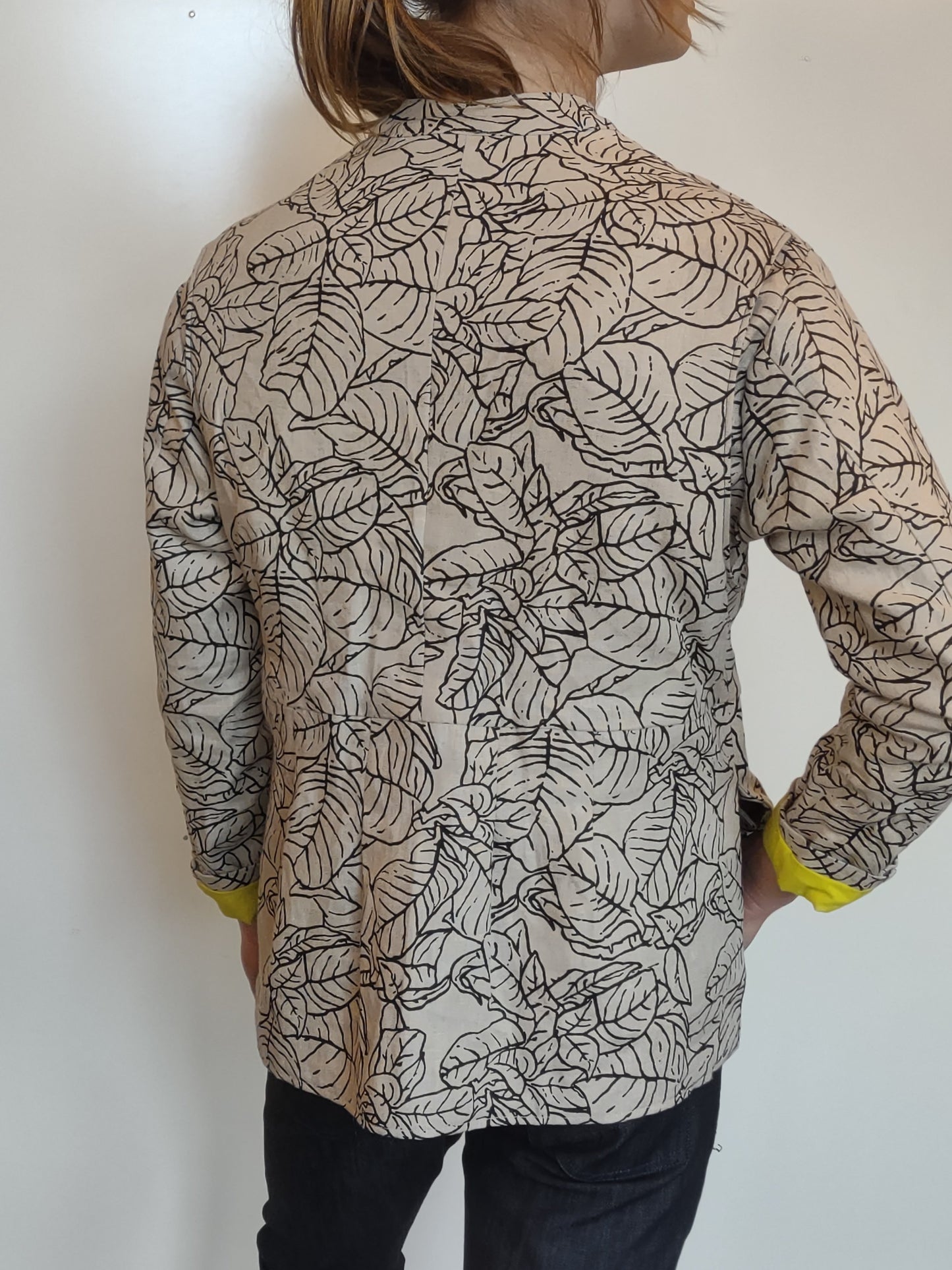 Sand and Black Botanical Print Linen Jacket with Lemon Yellow Lining