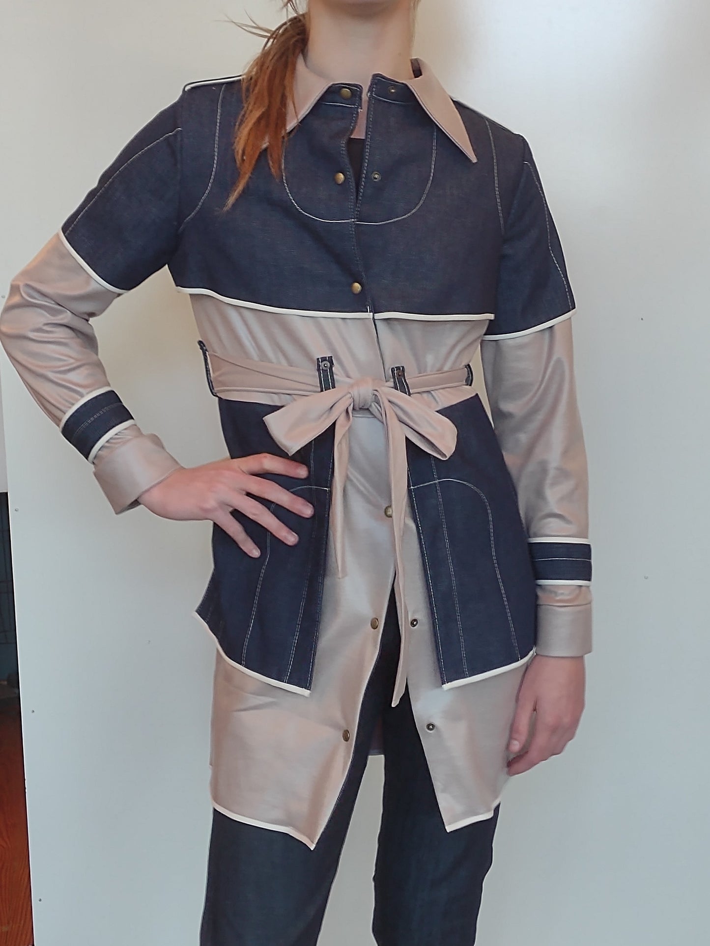 Denim and Ponte Knit Trench Coat with Tie and Snapped Closures