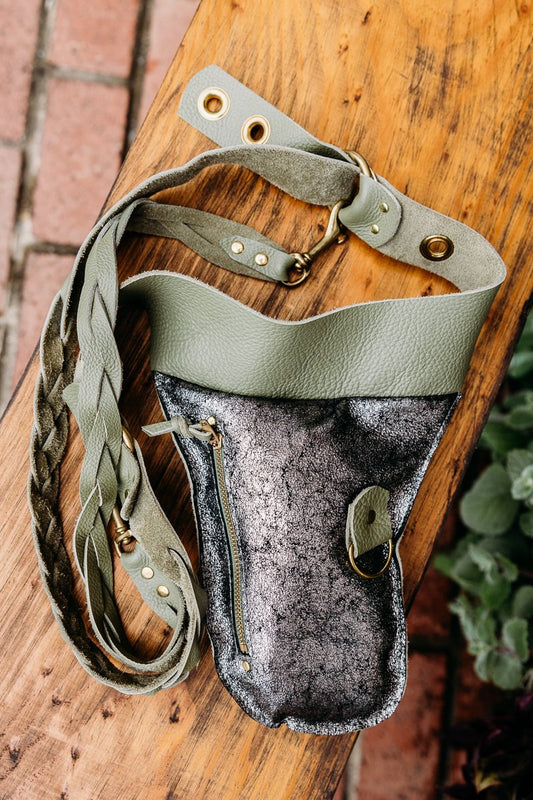 Olive green leather/crackled treated leather crossbody holster style zippered pouch