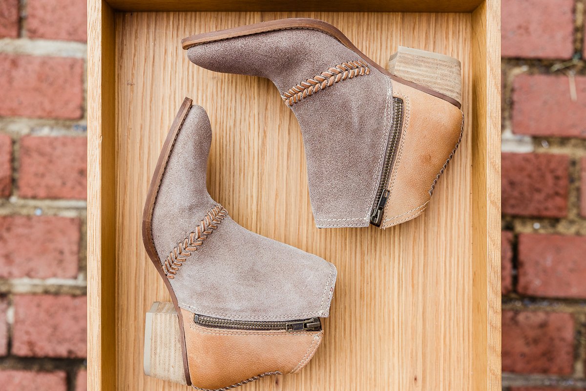 Sand and saddle tan mixed media leather/suede bootie with leather stitching details (size 7 and 8.5)