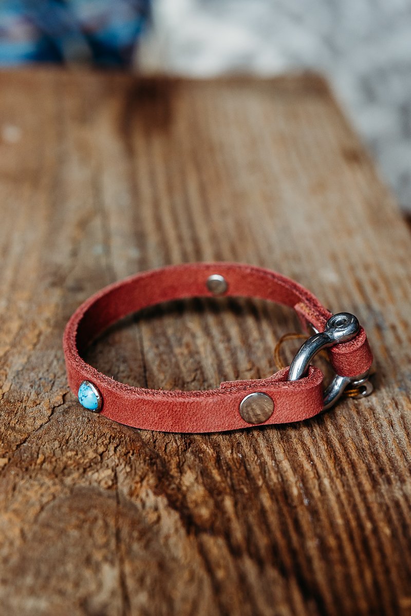 Ox blood red hand dyed leather/ turquoise stone/rivit horse shoe clasp bracelet