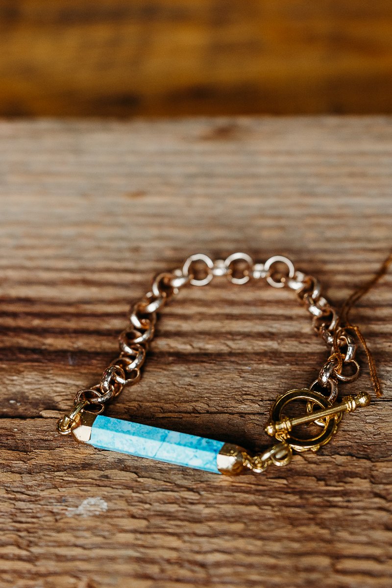 14k Gold Vermeil Paper Clip Chain Bracelet with Turquoise Pendant